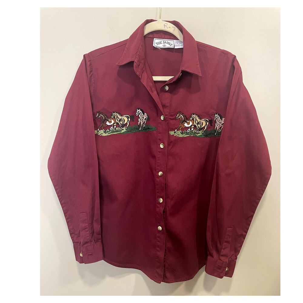 Vintage Side Saddle Maroon 100% Cotton Top Embroidered Horses Women's Sz S